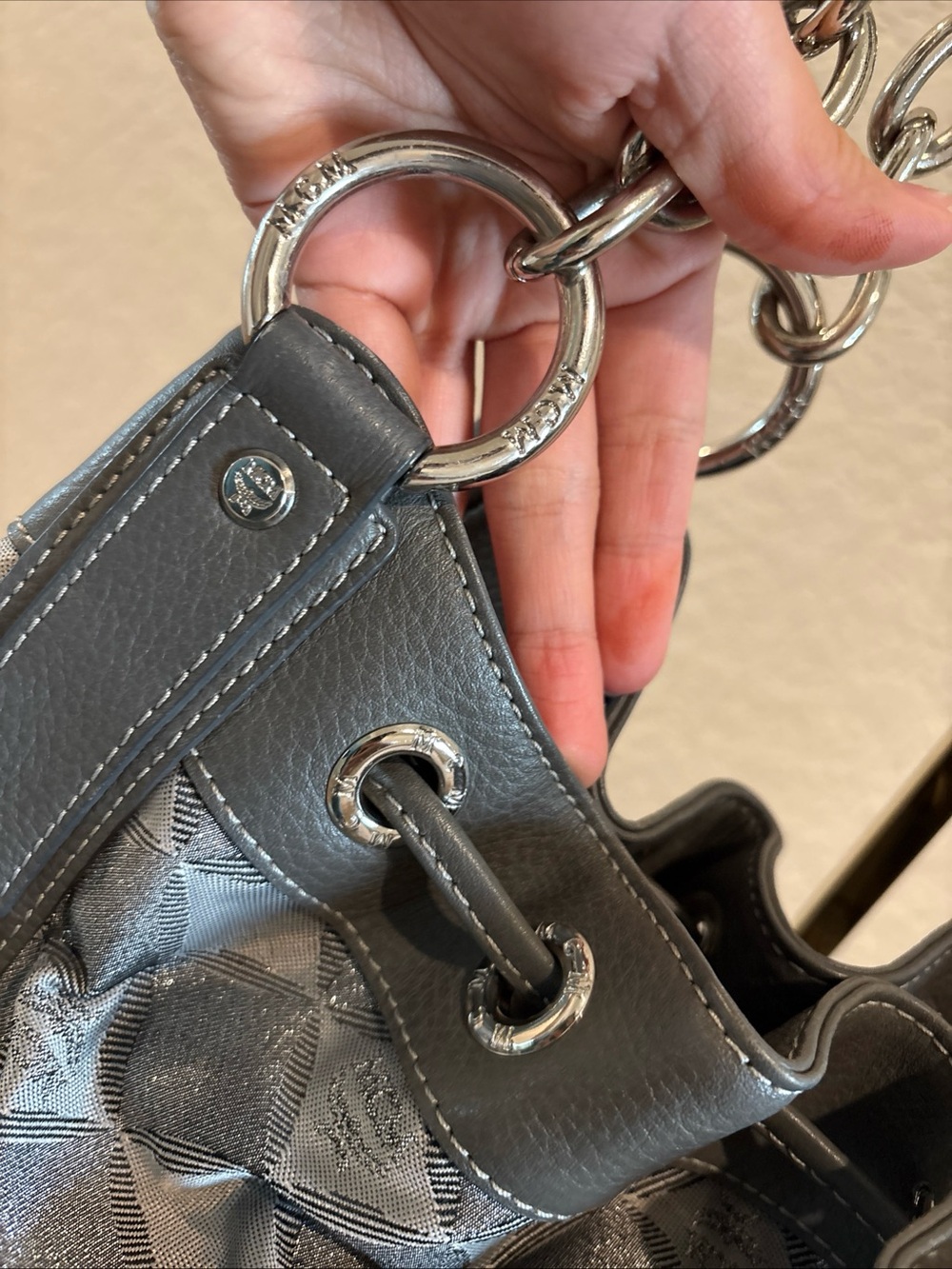 MCM Gray Drawstring Tote Bag with Chain Handle - Picture 16 of 16